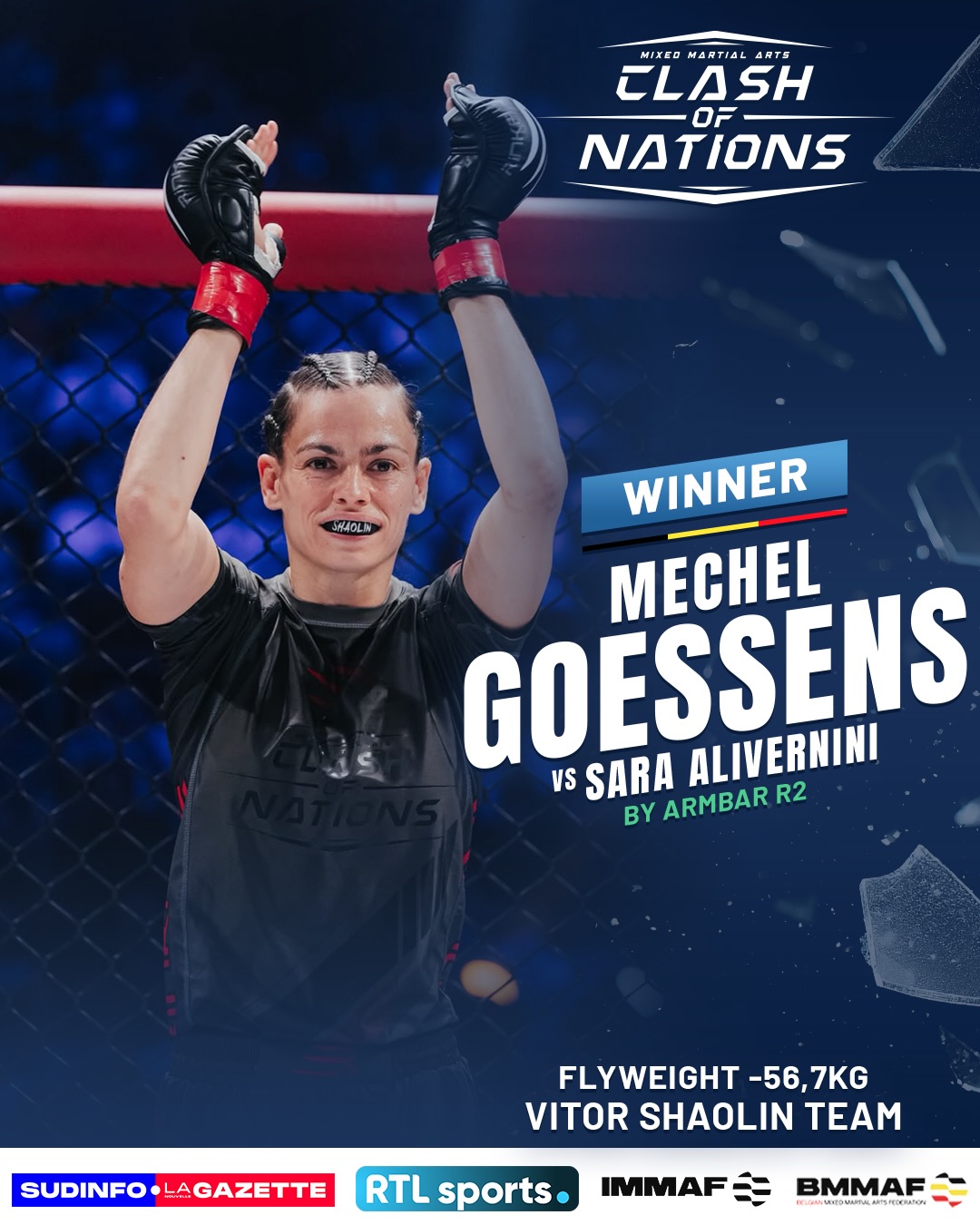 Official poster: Mechel Goessens defeats Sara Alivernini by Submission · armbar · round 2